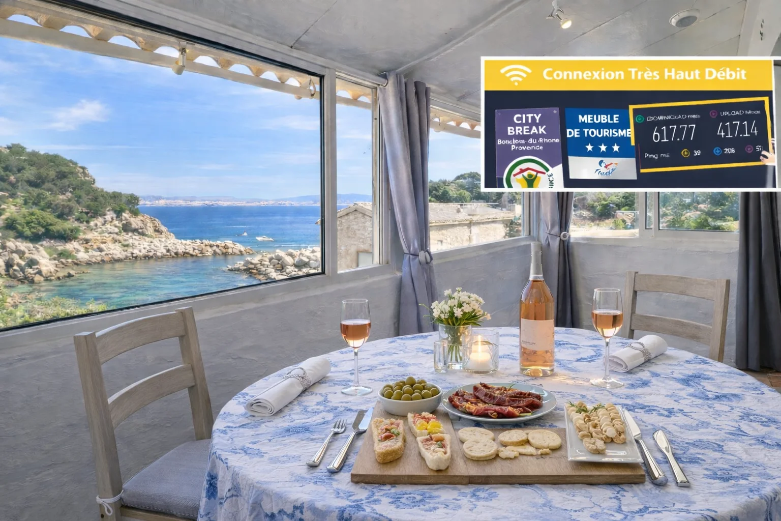Terrasse Cabanon La Cigale de Niolon avec vue à 180 degrés sur le port de Niolon